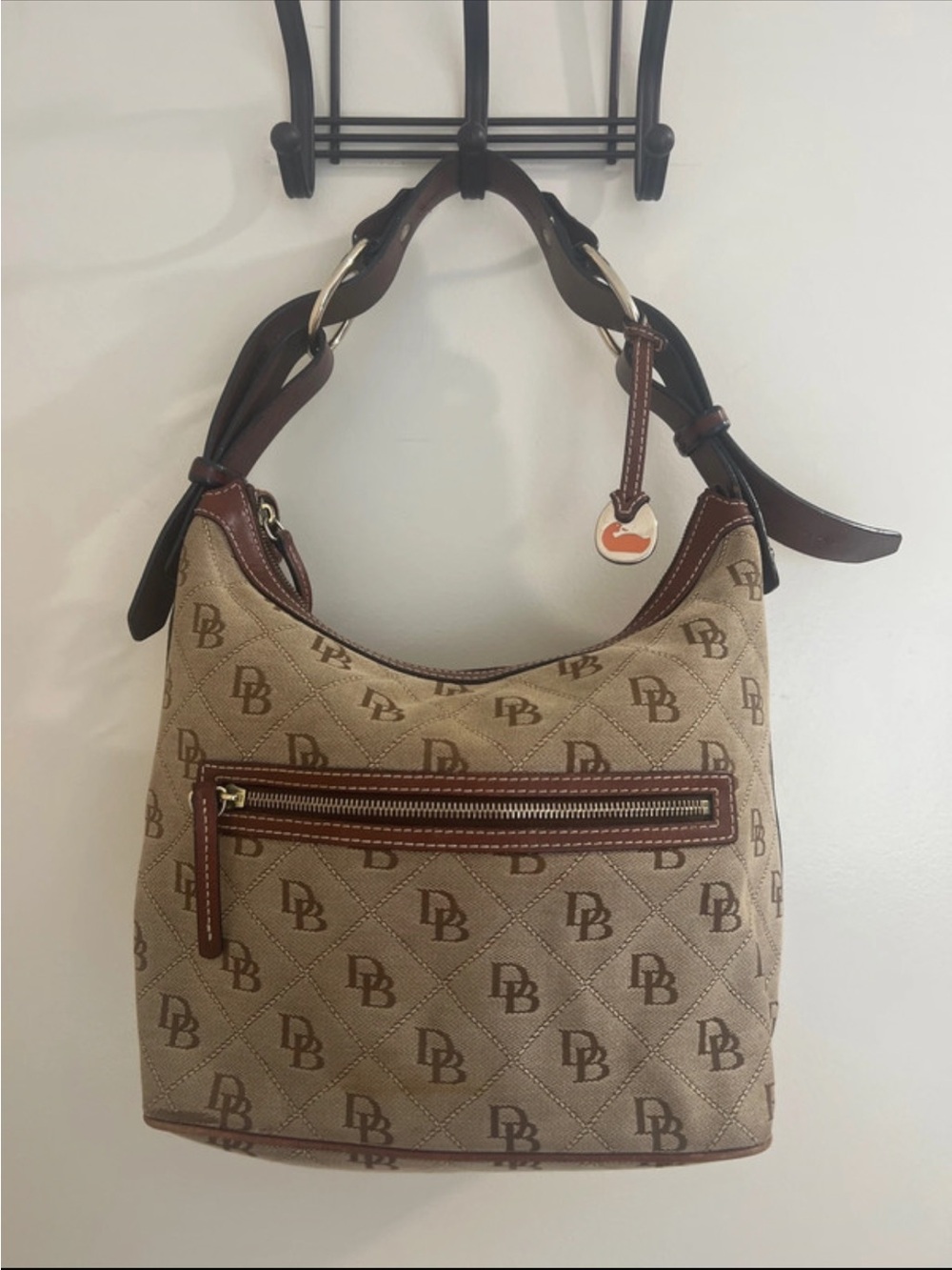 Dooney & Bourke Tan Quilted Logo Shoulder Bag with Brown Trim